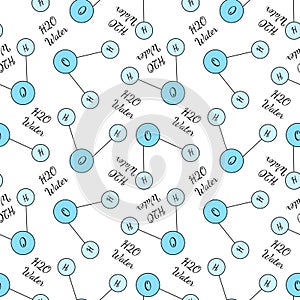 Seamless pattern with water h2o molecule, chemical formula. Vector sketch illustration in doodle sketch style. Concept of medicine