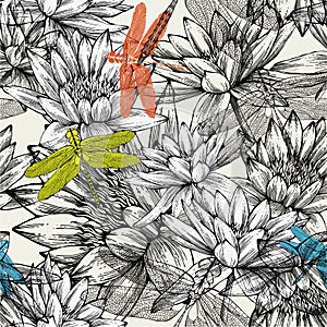 Seamless pattern with water lilies and dragonflies