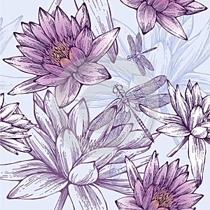 Seamless pattern with water lilies and dragonflies