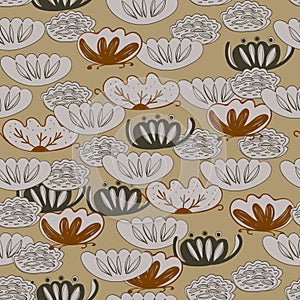 Seamless pattern water lily, slotus leaves flowers imple lines asian japanese chinese style gray beige tan background. trend of