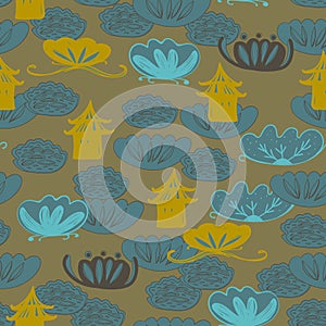 Seamless pattern water lily, slotus leaves flowers pagoda, asian japanese chinese style blue yellow mustard brown background.