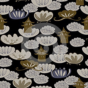 Seamless pattern water lily, slotus leaves flowers pagoda, asian japanese chinese style gray blue beige black background. trend of