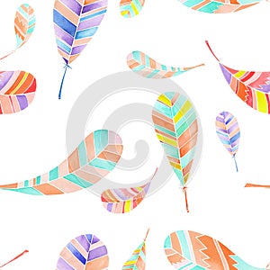 Seamless pattern of watercolor abstract feathers