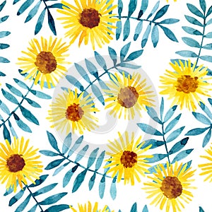 seamless pattern with watercolor abstract flowers and leaves on a white background. yellow sunflower flowers