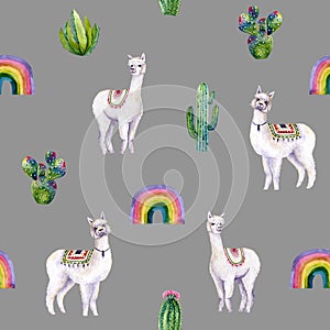 Seamless pattern of watercolor alpacas, cacti, rainbow. Colorful illustration isolated on grey. Hand painted animals