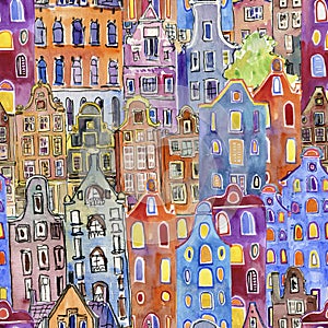 Seamless pattern with watercolor Amsterdam houses