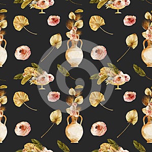 Seamless pattern of watercolor ancient vases and pitchers with dried fan palm leaves, boho floral bouquets, flowers and leaves