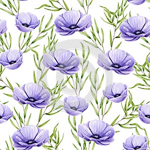 Seamless pattern of watercolor anemones and sprigs of eucalyptus nicholii. Isolated hand painted flowers and leaves on white