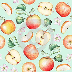 Seamless pattern with watercolor apple fruits and green leaves