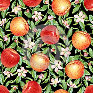 Seamless pattern of watercolor apples, flowers and leaves