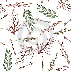 Seamless Pattern of Watercolor Arrows, Green Leaves And Branches