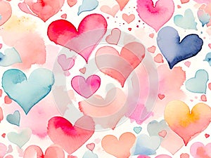 Seamless pattern with watercolor artistic hearts colorful background.