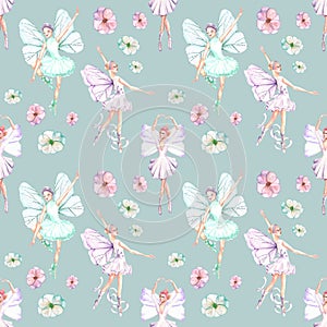 Seamless pattern with watercolor ballet dancers with butterfly wings and flowers