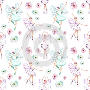 Seamless pattern with watercolor ballet dancers with butterfly wings and flowers