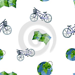 Seamless pattern with watercolor bicycle, map, world. Hand painted trendy illustration isolated on white