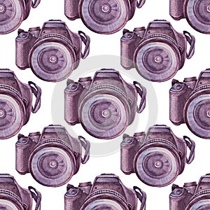 Seamless pattern watercolor black purple camera on white background. Professional hobby. Hand drawn art creative tool