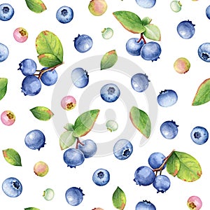 Seamless pattern of watercolor blueberries