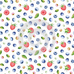 Seamless pattern of watercolor blueberries, raspberries and leaves