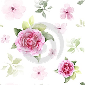 Seamless pattern with watercolor bouquets of bright pink roses