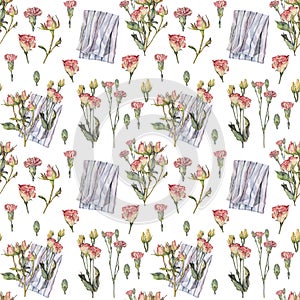 Seamless pattern watercolor branch pink roses and carnation green leaves and towel on white background. Spring summer