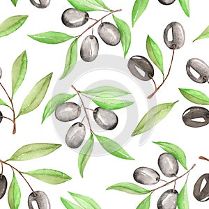 A seamless pattern with the watercolor branches of black olives on a white background