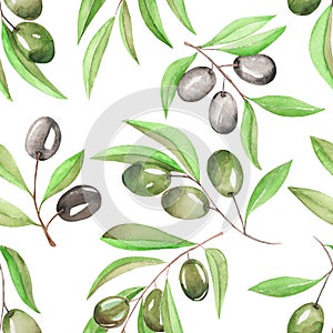 A seamless pattern with the watercolor branches of green and black olives on a white background