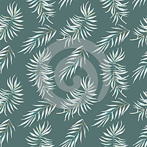 Seamless pattern with the watercolor branches with green leaves