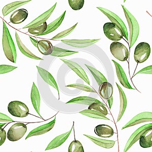 A seamless pattern with the watercolor branches of green olives on a white background