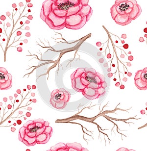 Seamless Pattern of Watercolor Bright Pink Roses