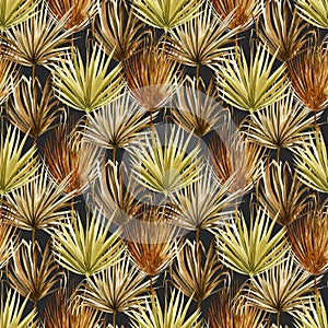 Seamless pattern of watercolor brown and green dried fan palm leaves