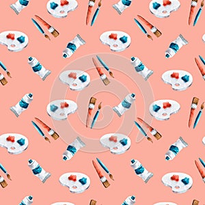 Seamless pattern with watercolor brushes, palette, paints. Isolated colorful illustration. Hand painted art materials