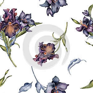 Seamless pattern with watercolor bunch of dark flowers and leaves isolated on white. Gothic floral print hand drawn