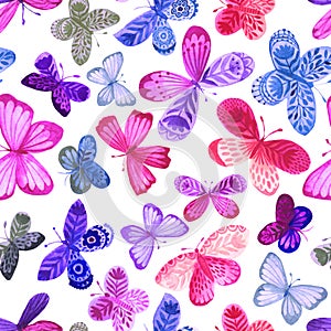 Seamless pattern with watercolor butterflies. Freehand drawing, rainbow colors pattern. Decorative wallpaper design