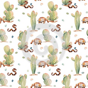 Seamless pattern of watercolor cacti and animals of desert