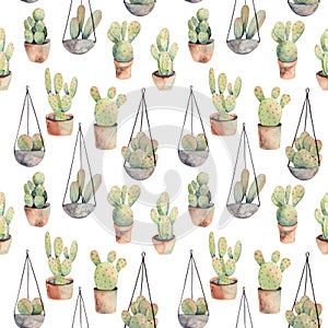 Seamless pattern of watercolor cacti in a pots and hanging houseplants