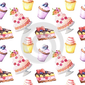 Seamless pattern with watercolor cakes