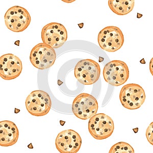 Seamless pattern watercolor chocolatechip cookies, dessert background on white background