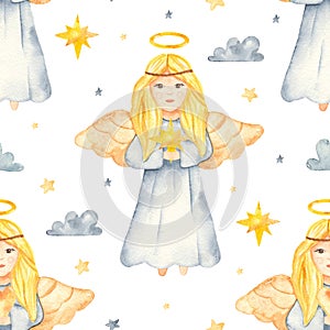 Seamless pattern with watercolor Christmas angels