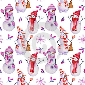 Seamless pattern of watercolor Christmas snowmen