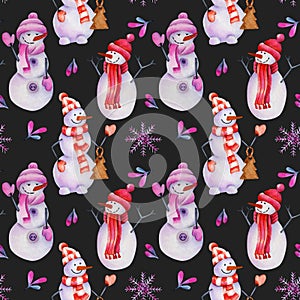 Seamless pattern of watercolor Christmas snowmen