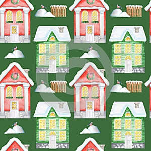 Seamless pattern Watercolor Christmas winter houses with white wooden door, luminous windows, with snow on the roof