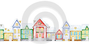Seamless pattern Watercolor Christmas winter houses with wooden door, luminous windows, with snow on the roof. Bright