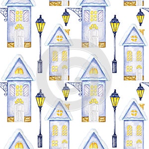 Seamless pattern Watercolor Christmas winter houses with wooden door, luminous windows, with snow on the roof and street