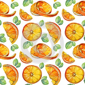 Seamless pattern watercolor citrus fruit orange slice and green leaves isolated on white background. Hand drawn food
