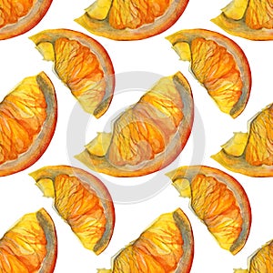 Seamless pattern watercolor citrus fruit orange slice on white background. Hand drawn summer food object for menu