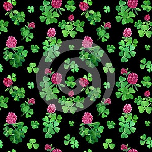 Seamless pattern with watercolor clover in bloom. Hand drawn spring background with clover flowers on black