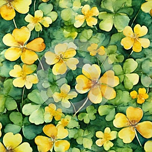 Seamless pattern with watercolor clover and yellow flowers. Hand drawn illustration