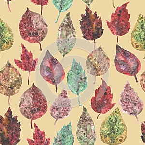 Seamless pattern Watercolor collection of autumn leaves, paint stains. green brown burgundy plants on beige background. Can be