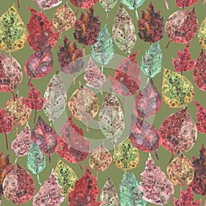 Seamless pattern Watercolor collection of autumn leaves, paint stains. green brown burgundy plants on khaki background. Can be