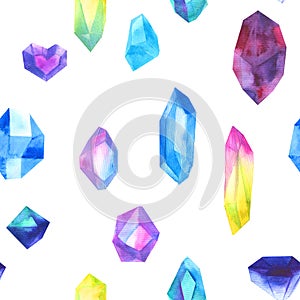 Seamless pattern watercolor colorful crystals isolated on white photo